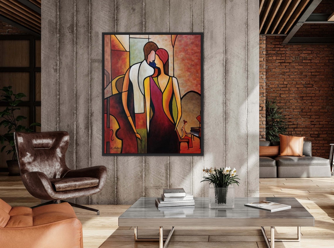 Cubism Painting Abstract Music Room Painting Oil Cubism Painting On Original Oil Painting Modern Unique Style Warm Colors - Image 2