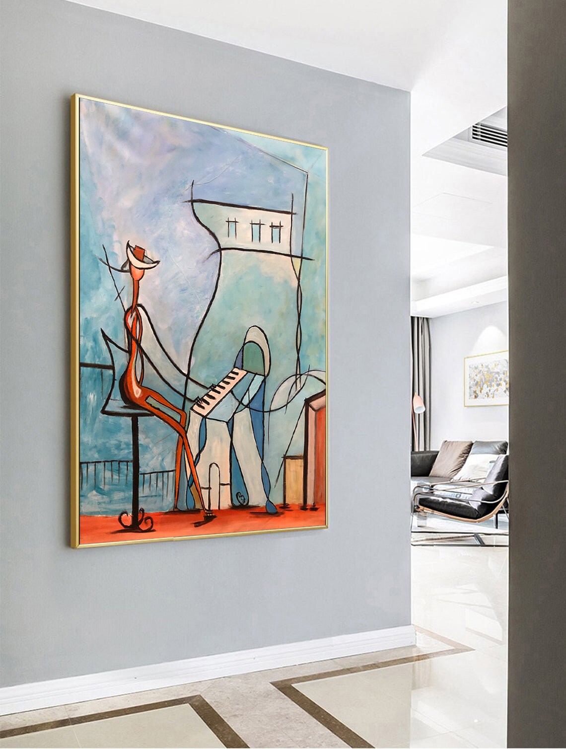 Abstract Piano Player Cubist Style Music Room Scene Painting Poster - Image 3