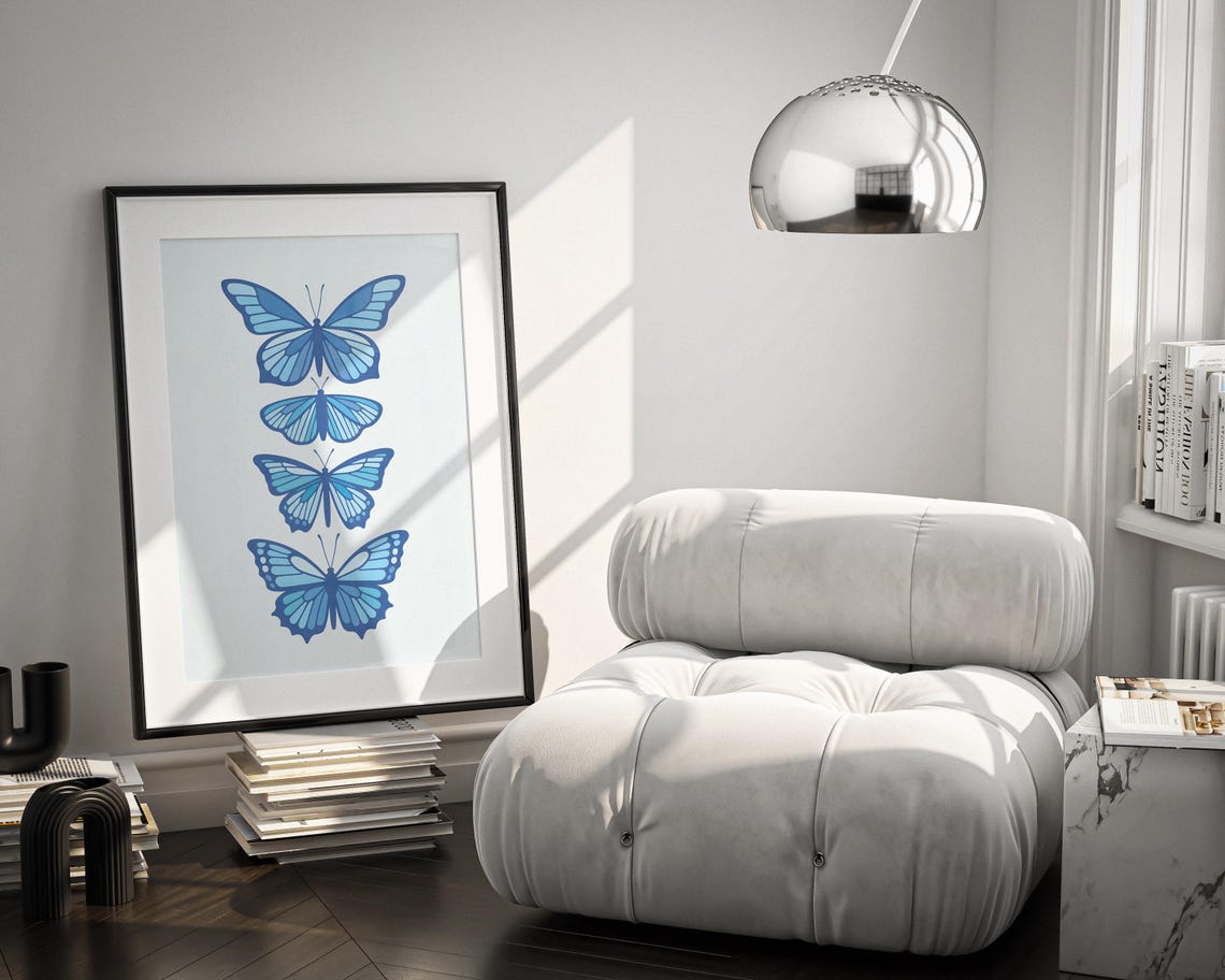 Four Blue Butterflies Serene Insect Botanical Illustration Wall Art - Image 3
