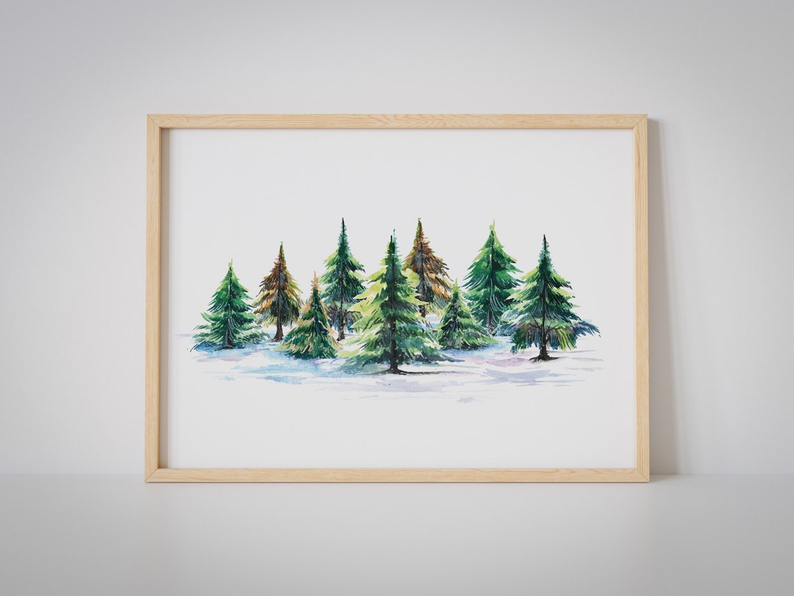 Watercolor Snowy Pine Trees Winter Forest Landscape Wall Art - Image 3