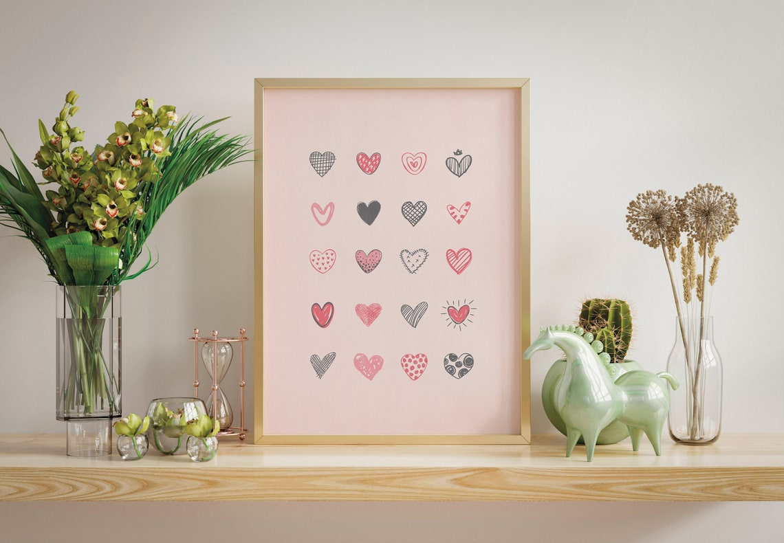 Hand Drawn Doodle Hearts Grid Pink Valentine Pattern Sweet Poster - Image 2