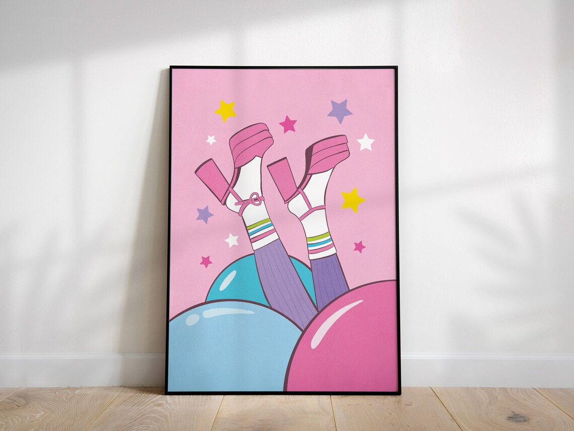 Playful Pop Art Pink Cowboy Boots Among Bubbles and Stars Poster - Image 2