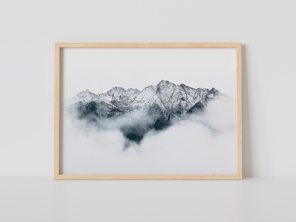 Smoky Mountain Misty Snowy Peaks Black White Photography Print - Image 2