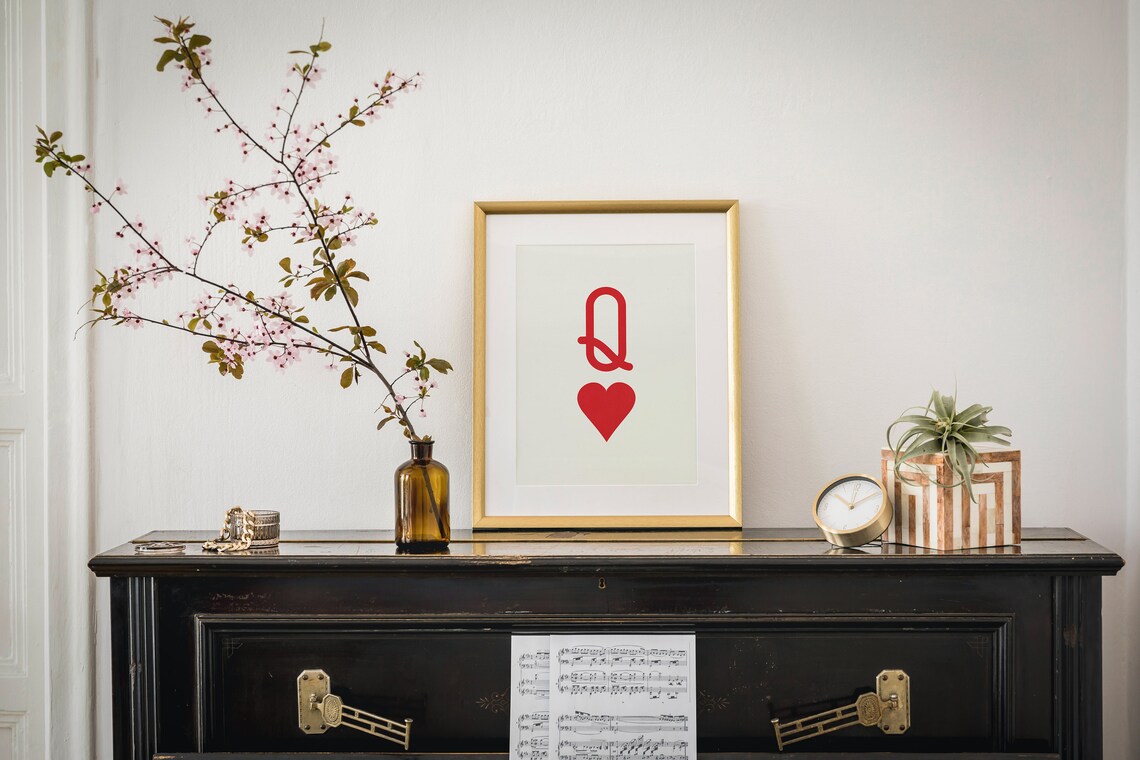 Bold Red Queen of Hearts Playing Card Symbol Minimalist Wall Art - Image 2