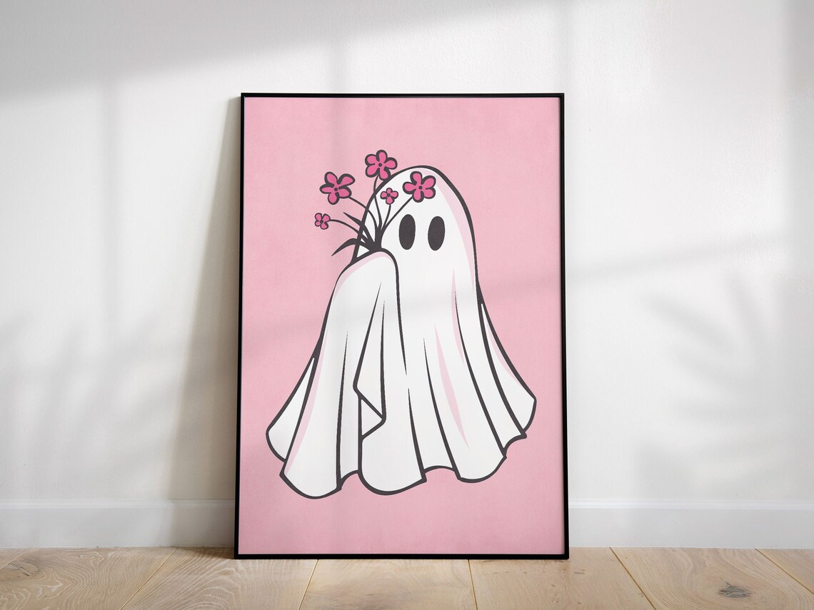 Cute Ghost Holding Pink Flowers on Blush Pink Background Halloween Print - Image 2