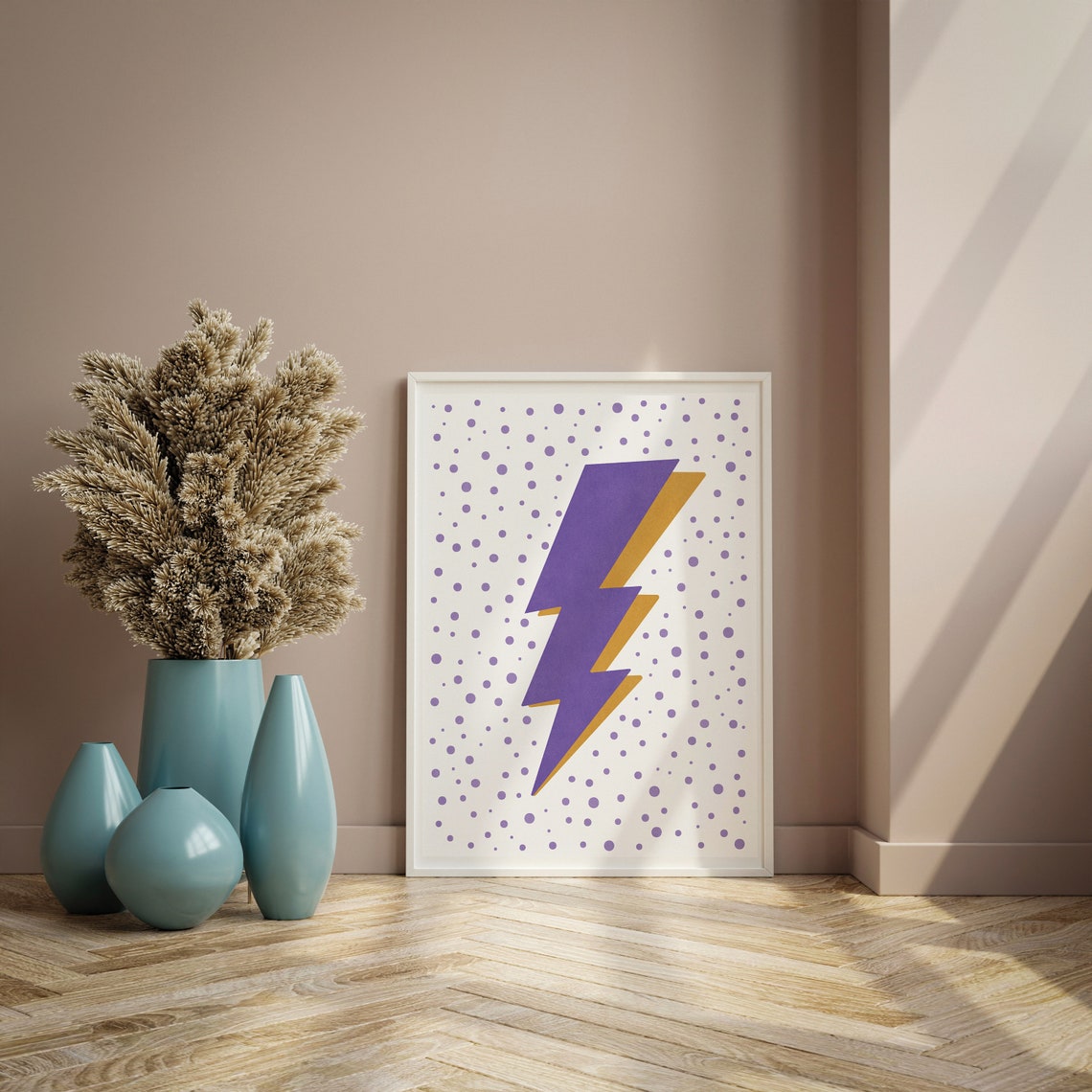 Bold Purple and Mustard Lightning Bolt Over Polka Dots Art Print - Image 2