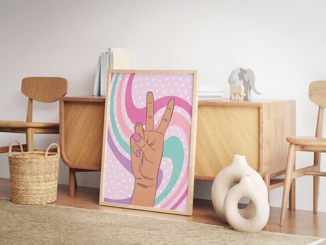 Retro Peace Sign Hand Preppy Pink Purple Swirl Y2K Style Poster - Image 2