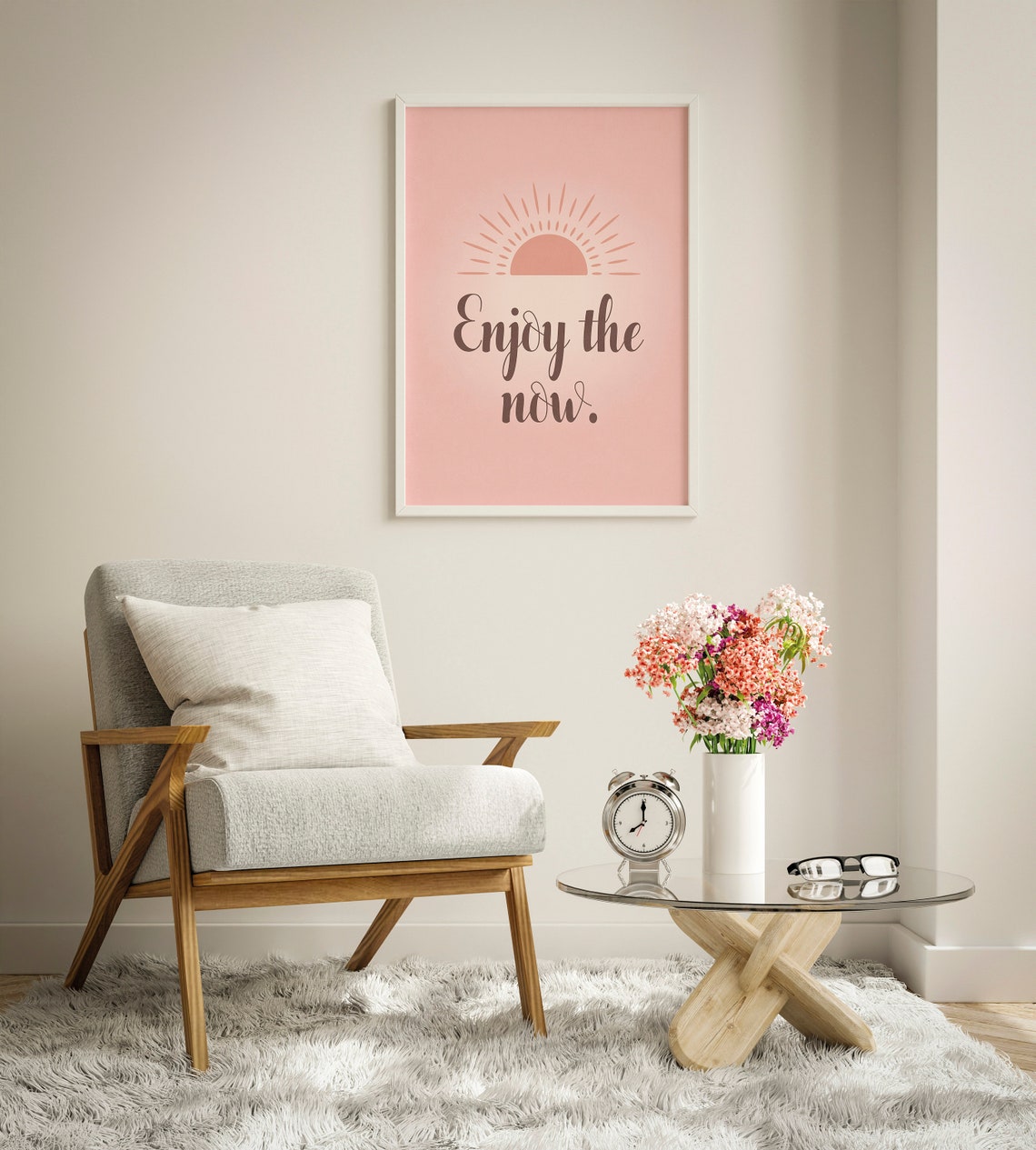 Enjoy The Now Pastel Pink Minimalist Sunrise Mindful Quote Wall Art - Image 2