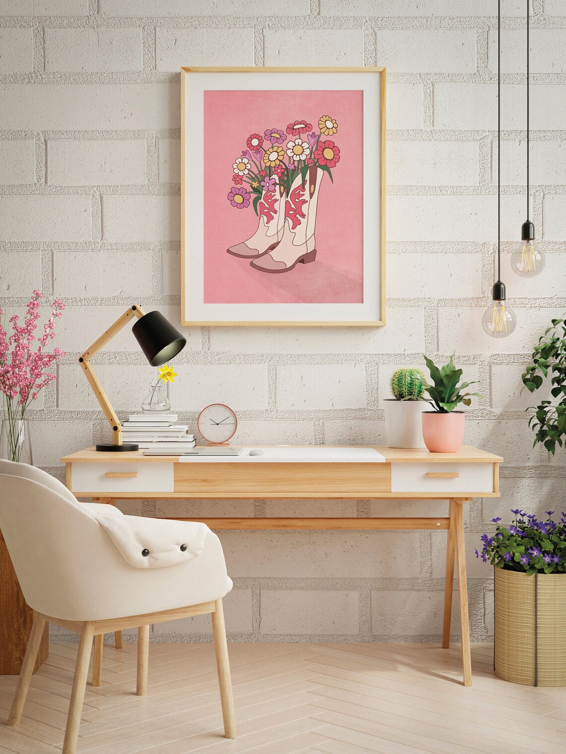 Pink Cowboy Boots Retro Floral Bouquet Western Illustration Poster - Image 2