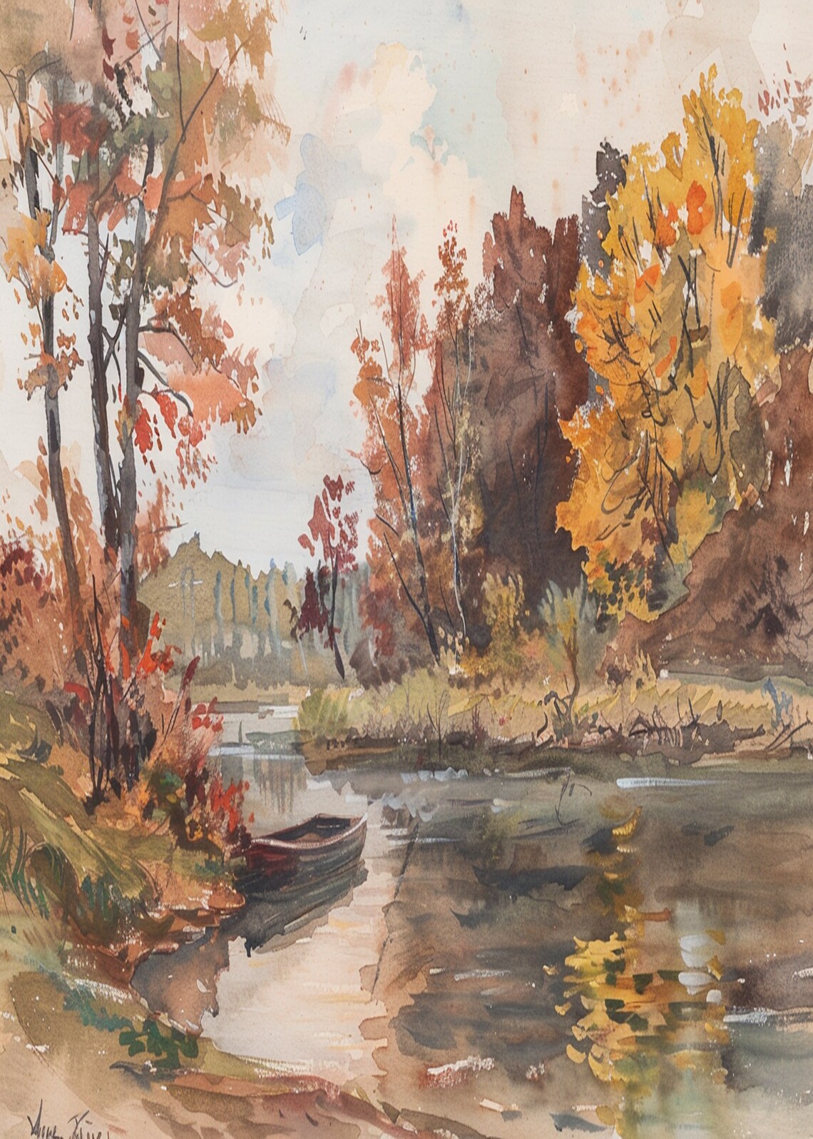 Autumn Cove Scene with Moored Rowboat Watercolor Painting Poster - Image 3