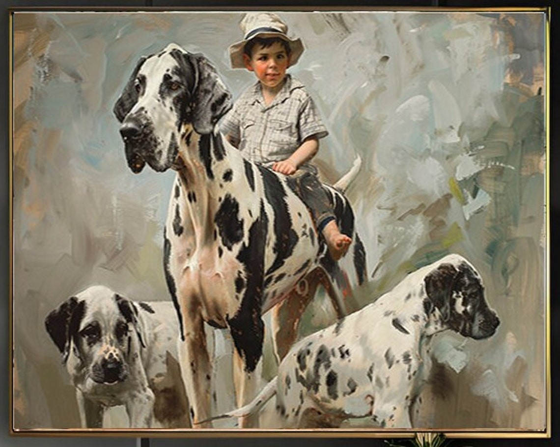 Boy Riding a Spotted Great Dane with Two Dogs Painting Poster - Image 2