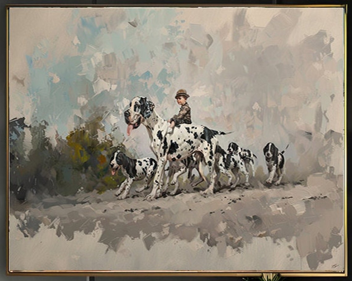 Boy Riding a Great Dane Leading Dalmatians in a Field Poster - Image 2