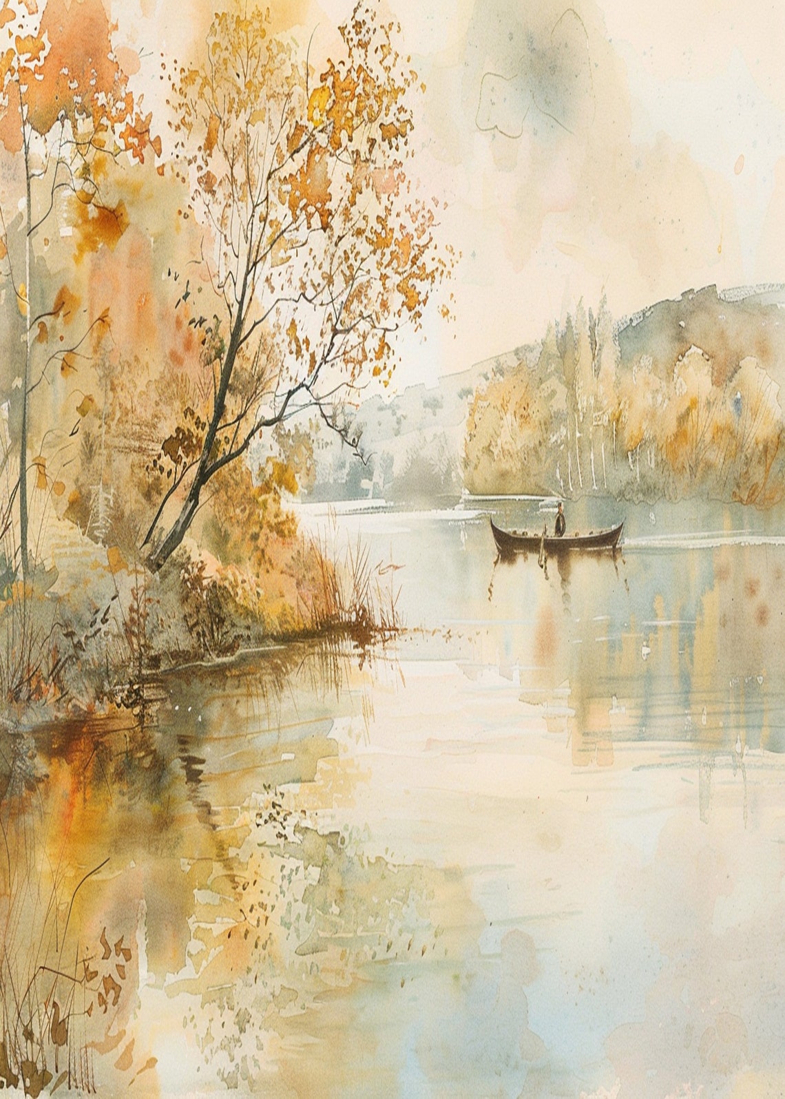 Golden Autumn Lake Scene with a Canoe under a Leaning Tree Poster - Image 3