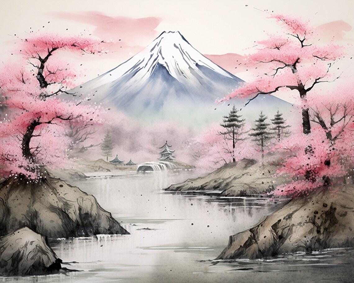 Mount Fuji with Cherry Blossoms Ink Watercolor Landscape Poster - Image 2