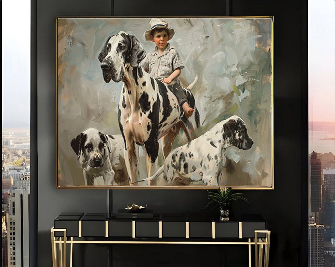 Boy Riding a Spotted Great Dane with Two Dogs Painting Poster