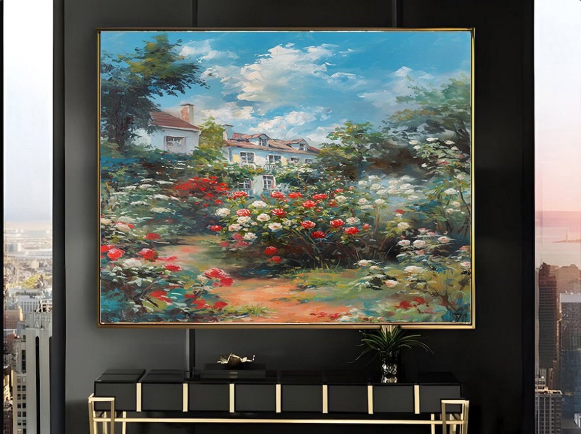 White Country House Among Lush Red White Roses Summer Sky Poster