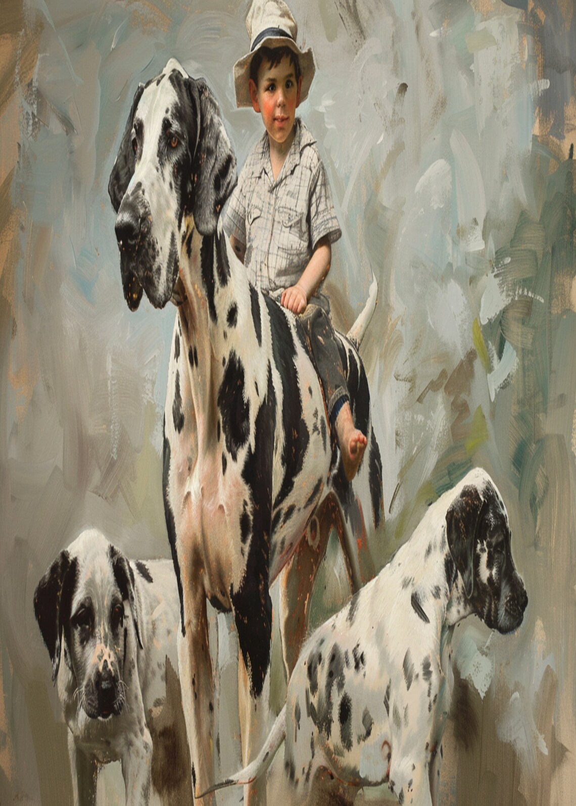 Boy Riding a Spotted Great Dane with Two Dogs Painting Poster - Image 3