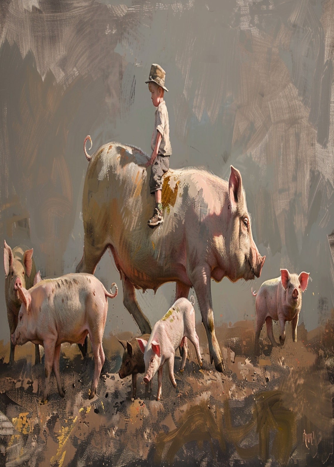Boy Riding Sow Through Mud with Piglets Farm Painting Poster - Image 3