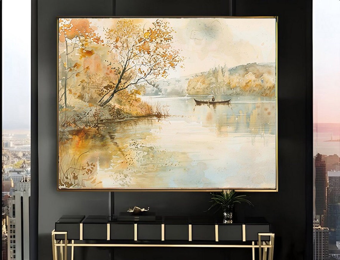 Golden Autumn Lake Scene with a Canoe under a Leaning Tree Poster