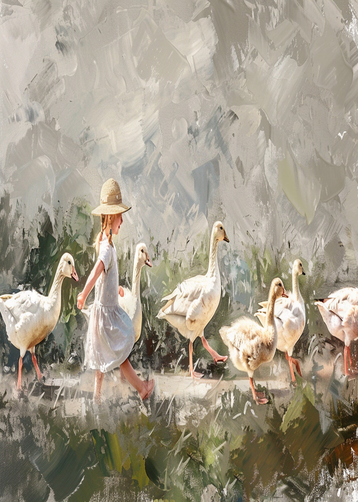 Girl Running with White Geese in Green Pasture Painting Poster - Image 3