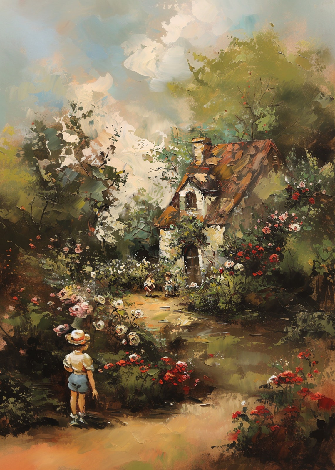 Child in Straw Hat Walking Rose Garden Path to Stone Cottage Poster - Image 3