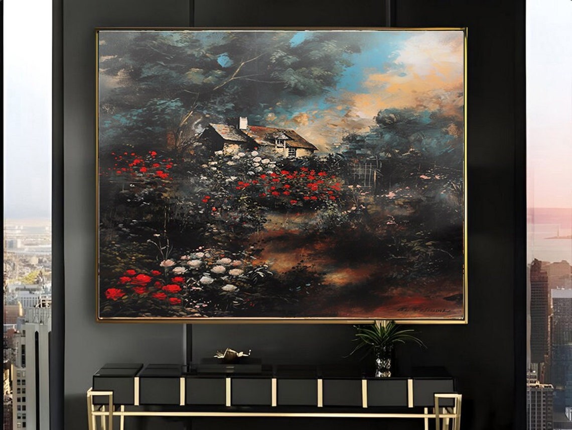 Moody Twilight Cottage Rose Garden Under Dramatic Cloudy Sky Poster