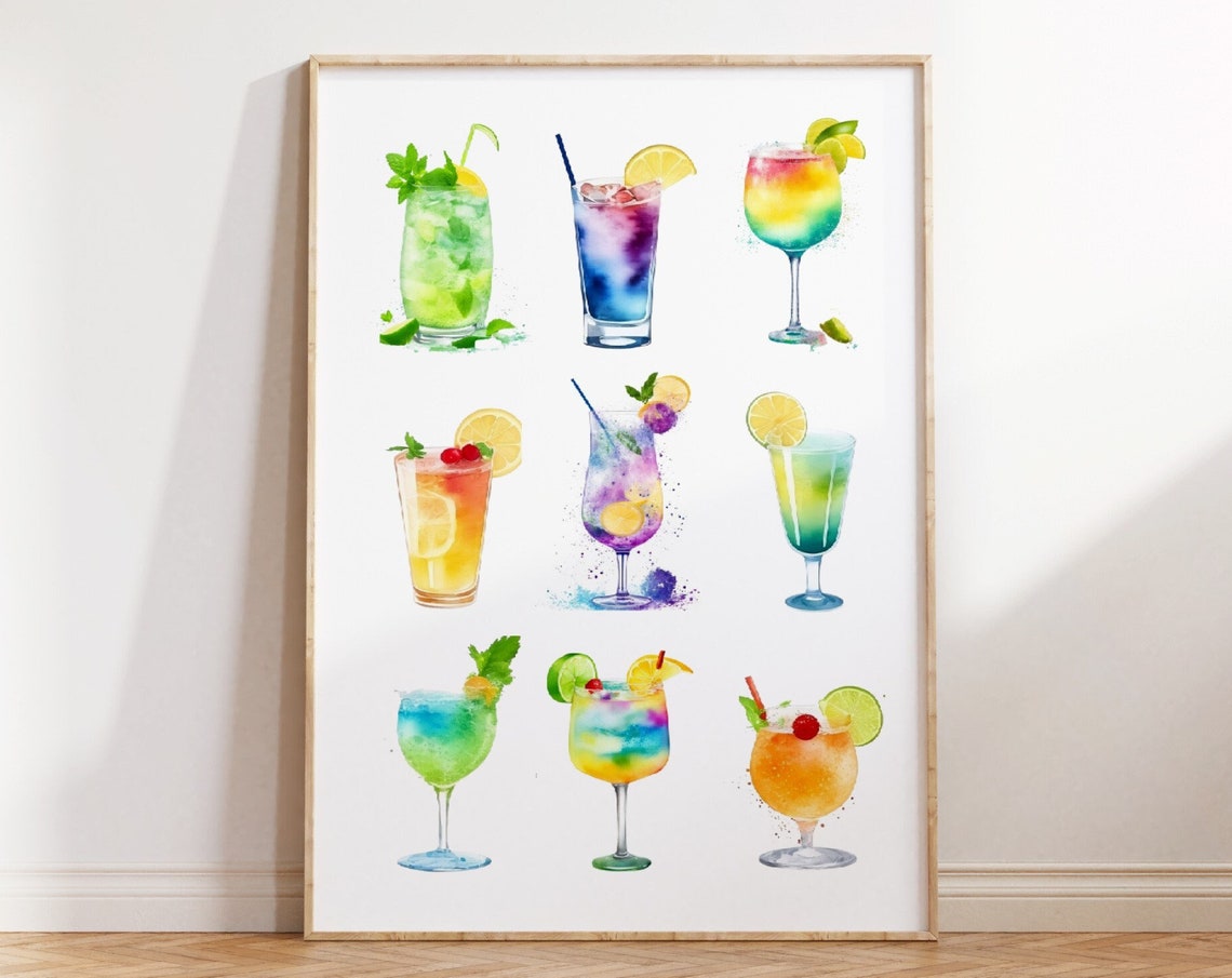 Watercolor Cocktail Grid Colorful Bar Drinks Kitchen Poster Art