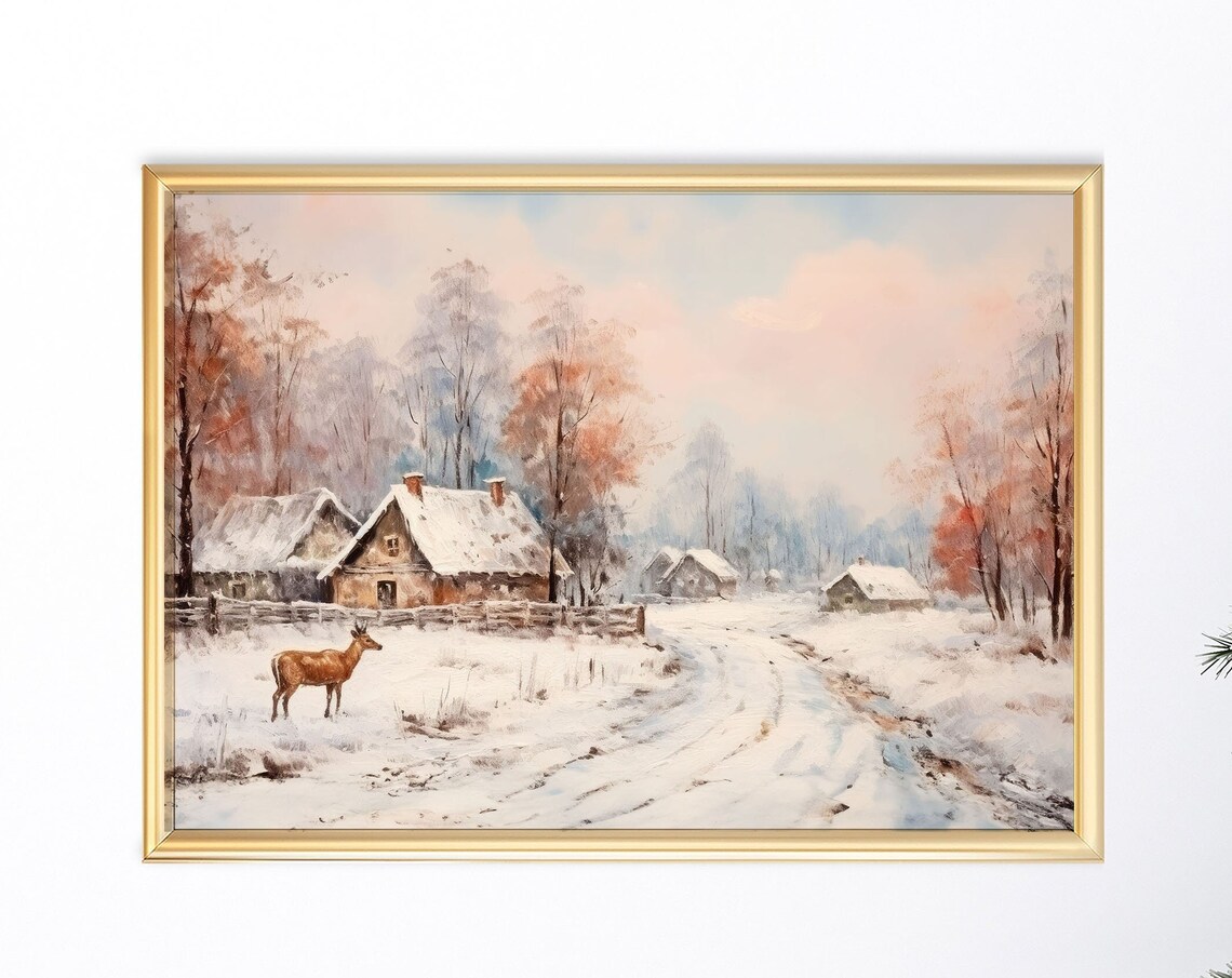 Winter Cabin Deer Snowy Woods Pink Dusk Cozy Christmas Poster - Image 8
