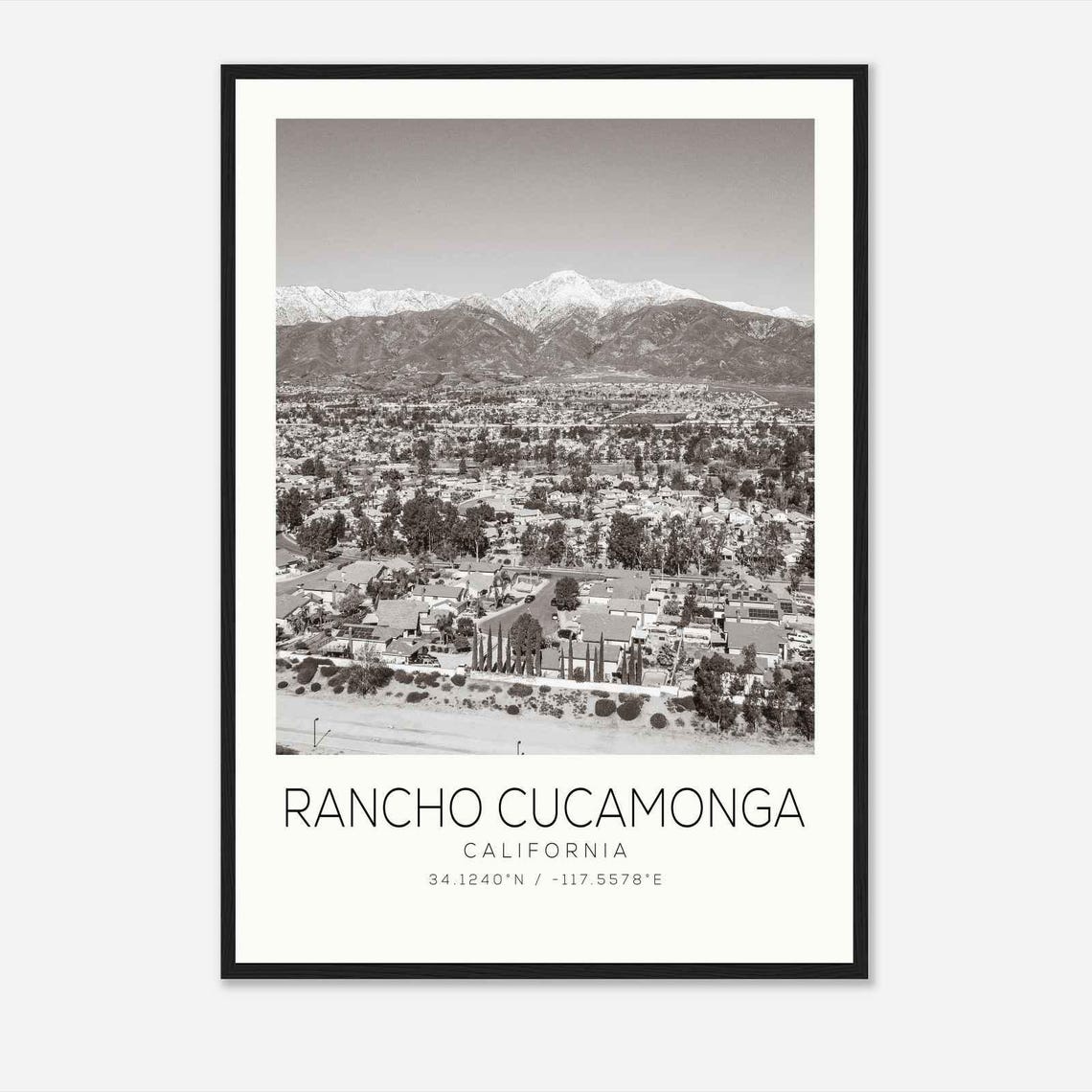 Rancho Cucamonga California Mountain Aerial Black and White Poster