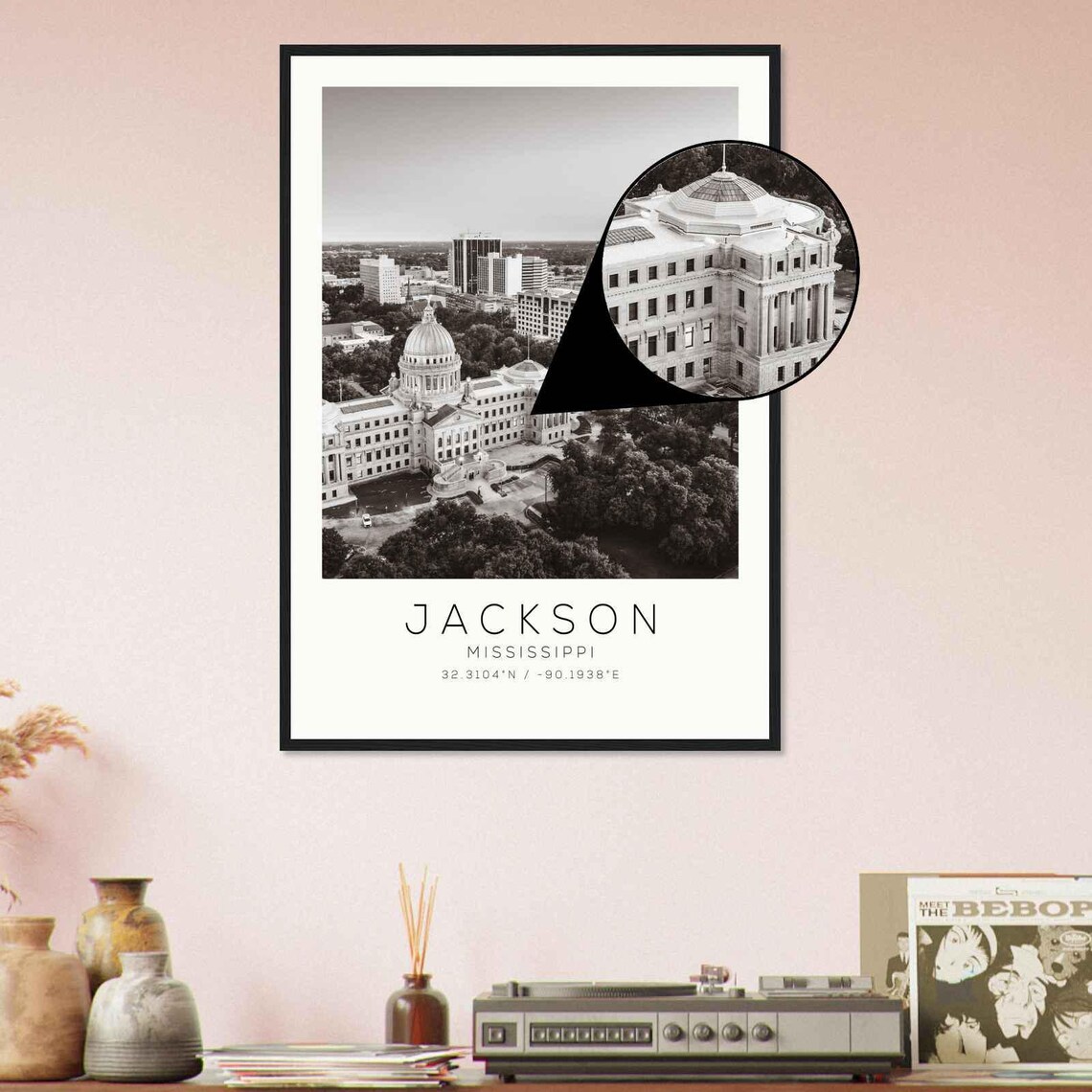 Jackson Mississippi State Capitol Aerial Black And White Poster - Image 4