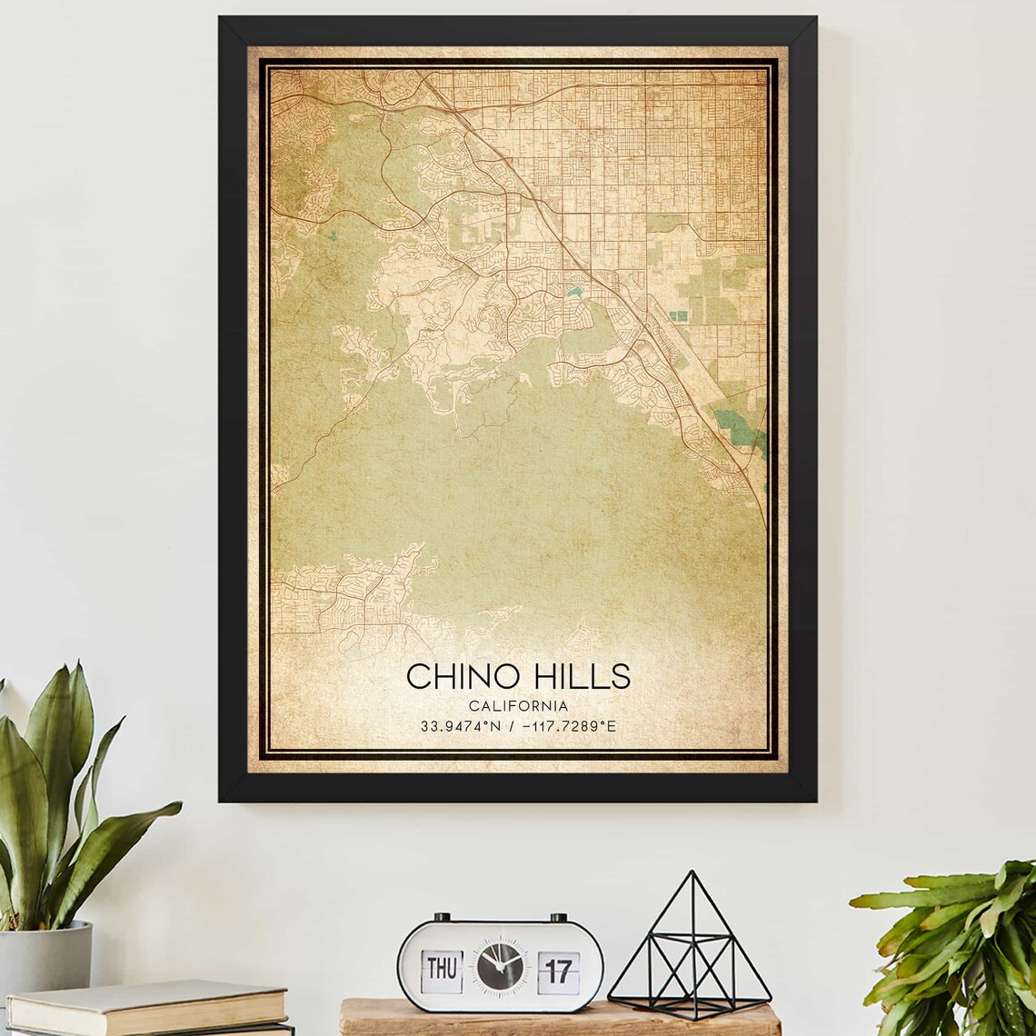 Vintage Chino Hills California Map Poster with City Coordinates Aged Style