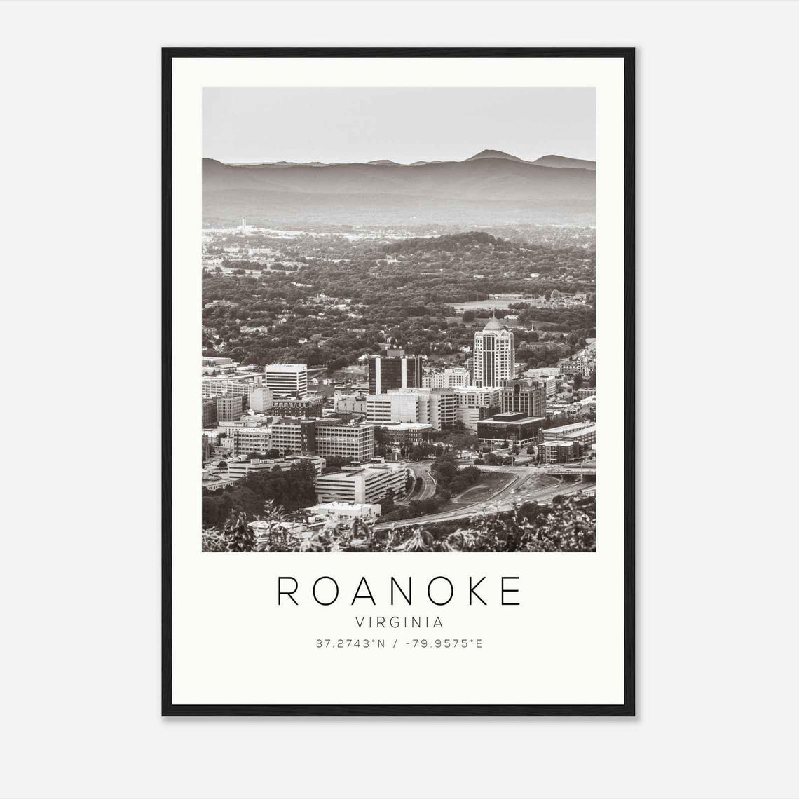 Roanoke Virginia Blue Ridge Mountain Skyline Black and White Poster