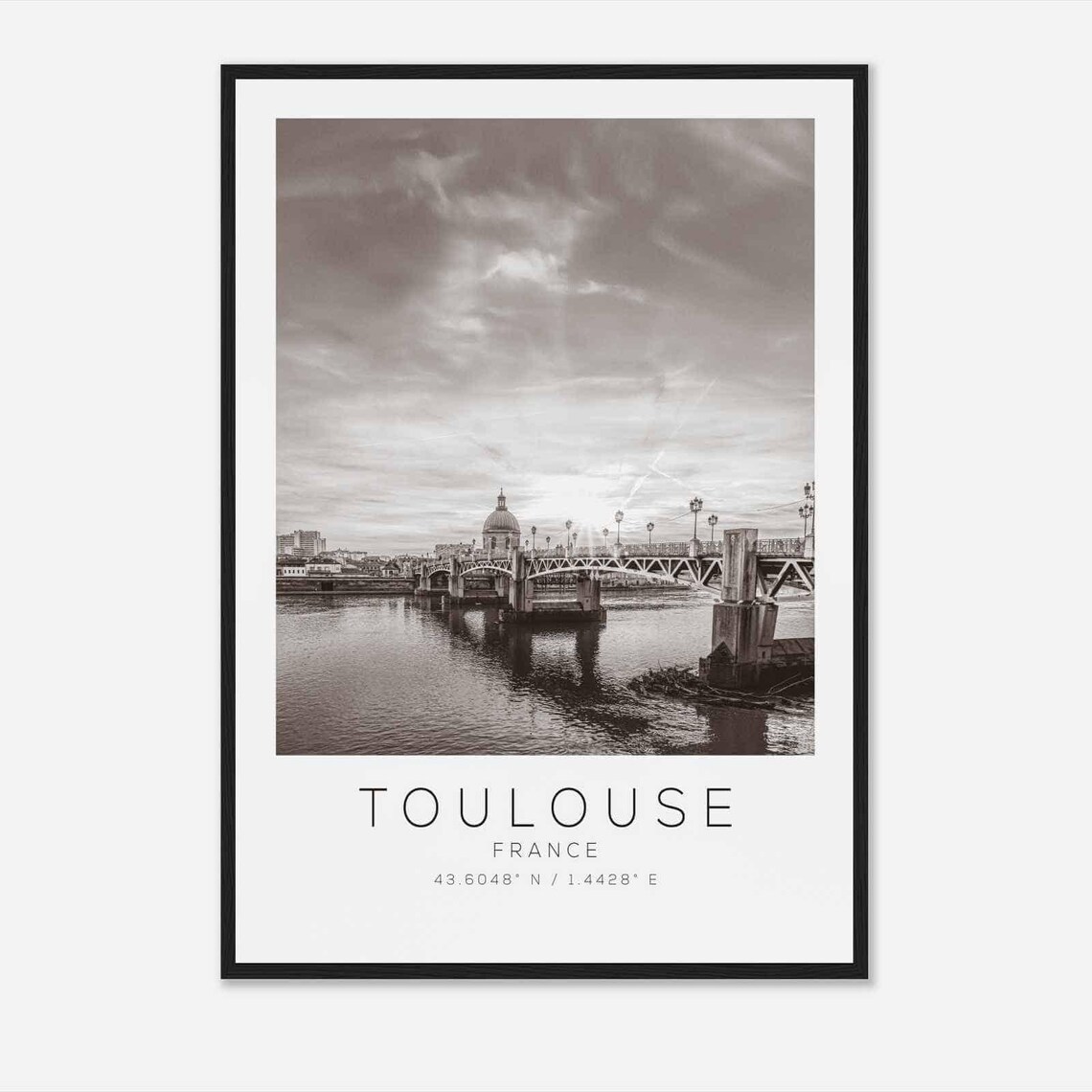 Toulouse France River Bridge Sunset Dome Black and White Poster