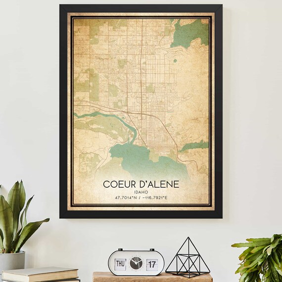 Coeur D'Alene Idaho Vintage Map Poster City Streets Antique Style Lakeside