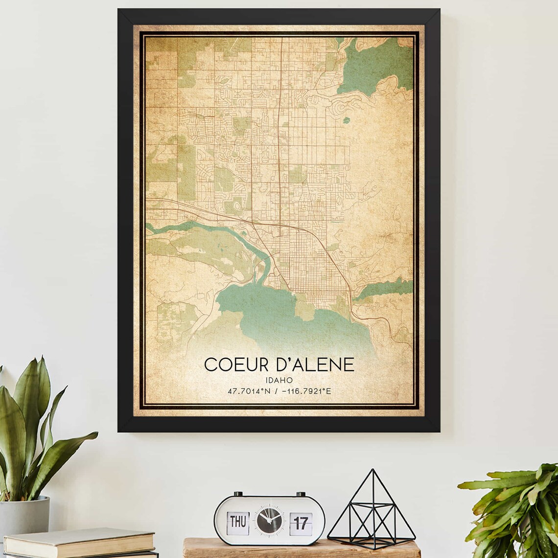 Coeur D'Alene Idaho Vintage Map Poster City Streets Antique Style Lakeside