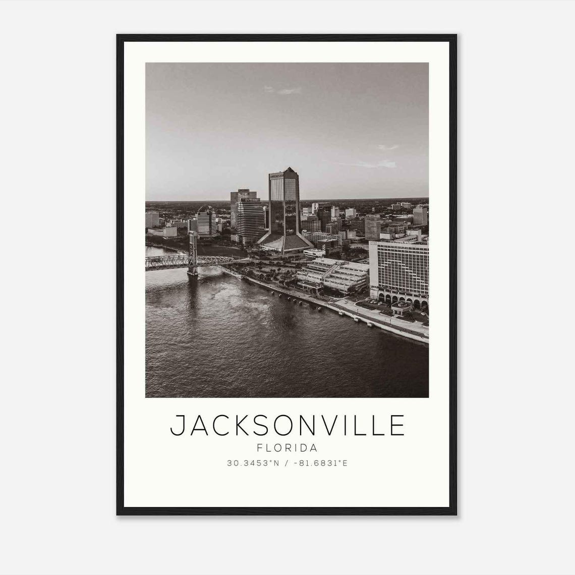 Jacksonville Florida Downtown River Skyline Black And White Poster
