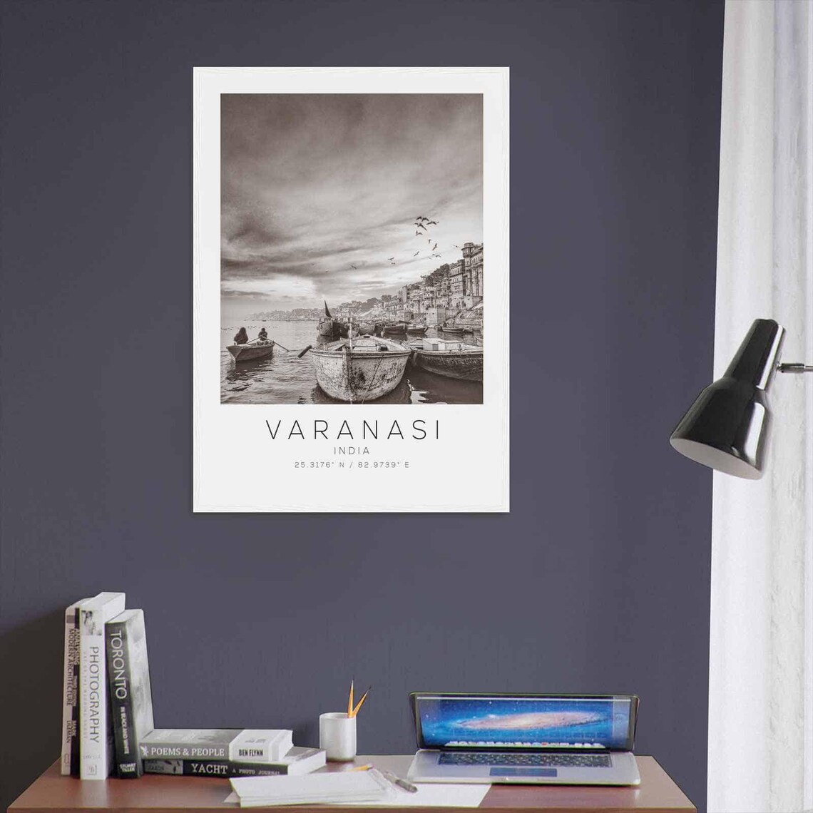Varanasi India Ganges River Ghats Boats Black and White Poster - Image 3