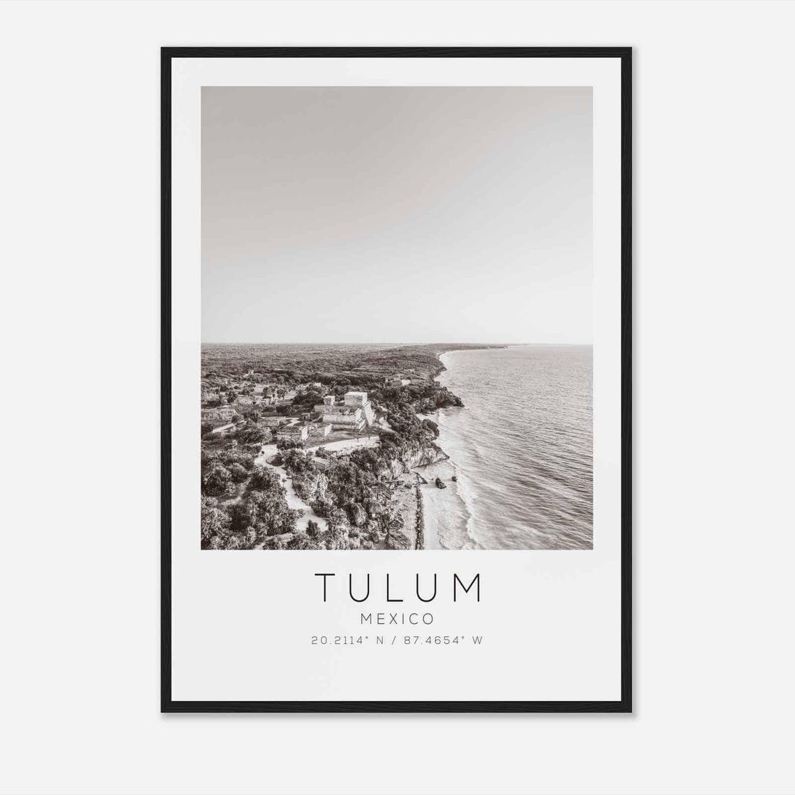 Tulum Mexico Mayan Ruins Cliff Coastline Black and White Poster