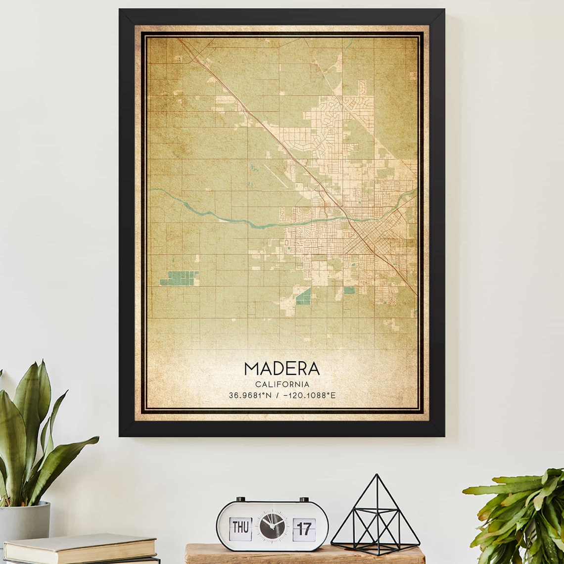Vintage Madera California City Street Map Coordinates Art Print