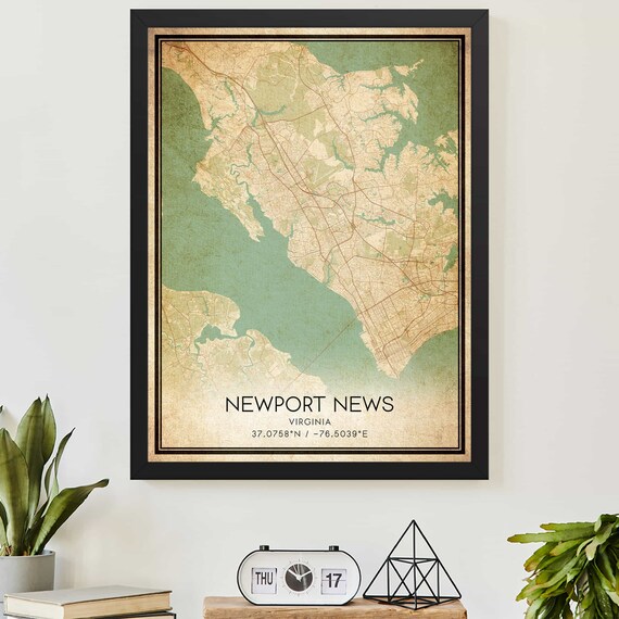 Newport News Virginia Vintage Coastal Street Map Coordinates Poster