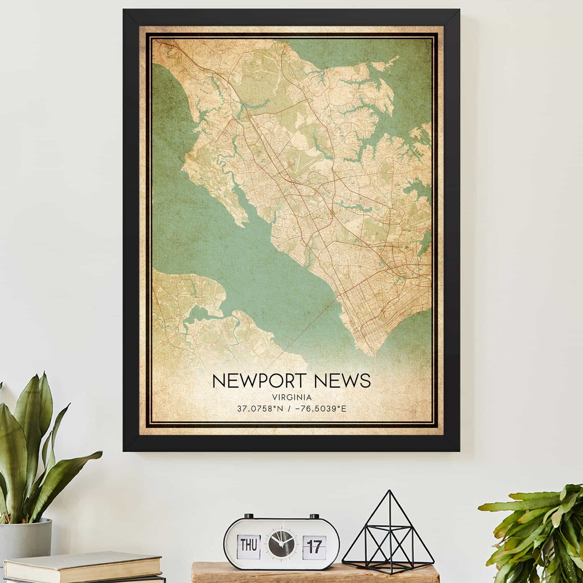 Newport News Virginia Vintage Coastal Street Map Coordinates Poster