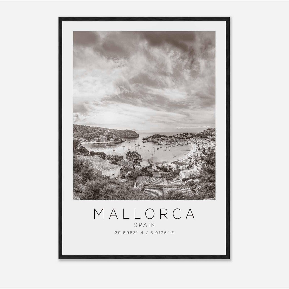 Mallorca Spain Harbor Bay Panorama Black and White Photo Poster