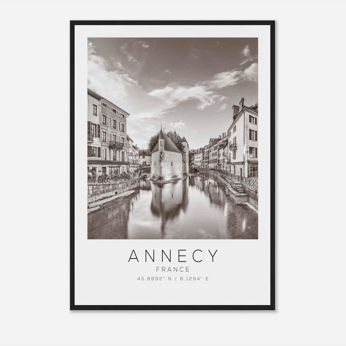 Annecy France Black White Canal Old Stone Building Travel Poster