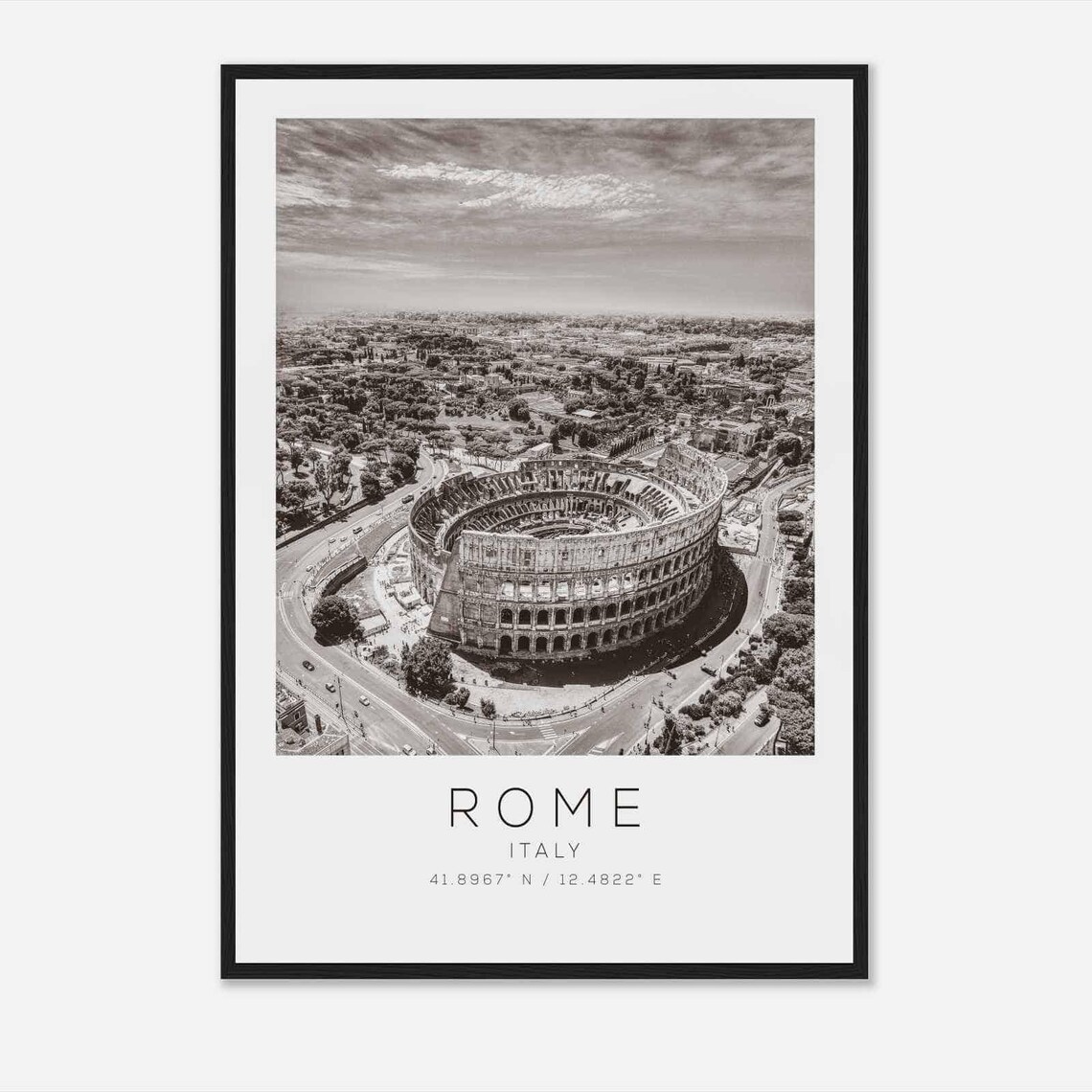 Rome Italy Colosseum Aerial View Black and White Travel Poster