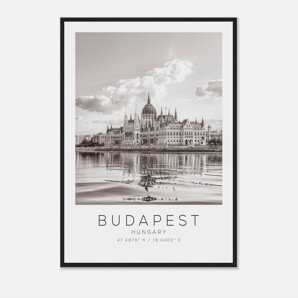 Budapest Hungary Parliament Reflection Water Black White Travel Poster