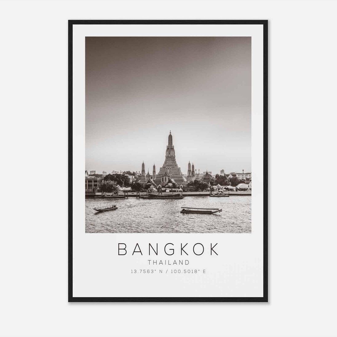 Bangkok Thailand Wat Arun Temple River Black White Minimalist Poster