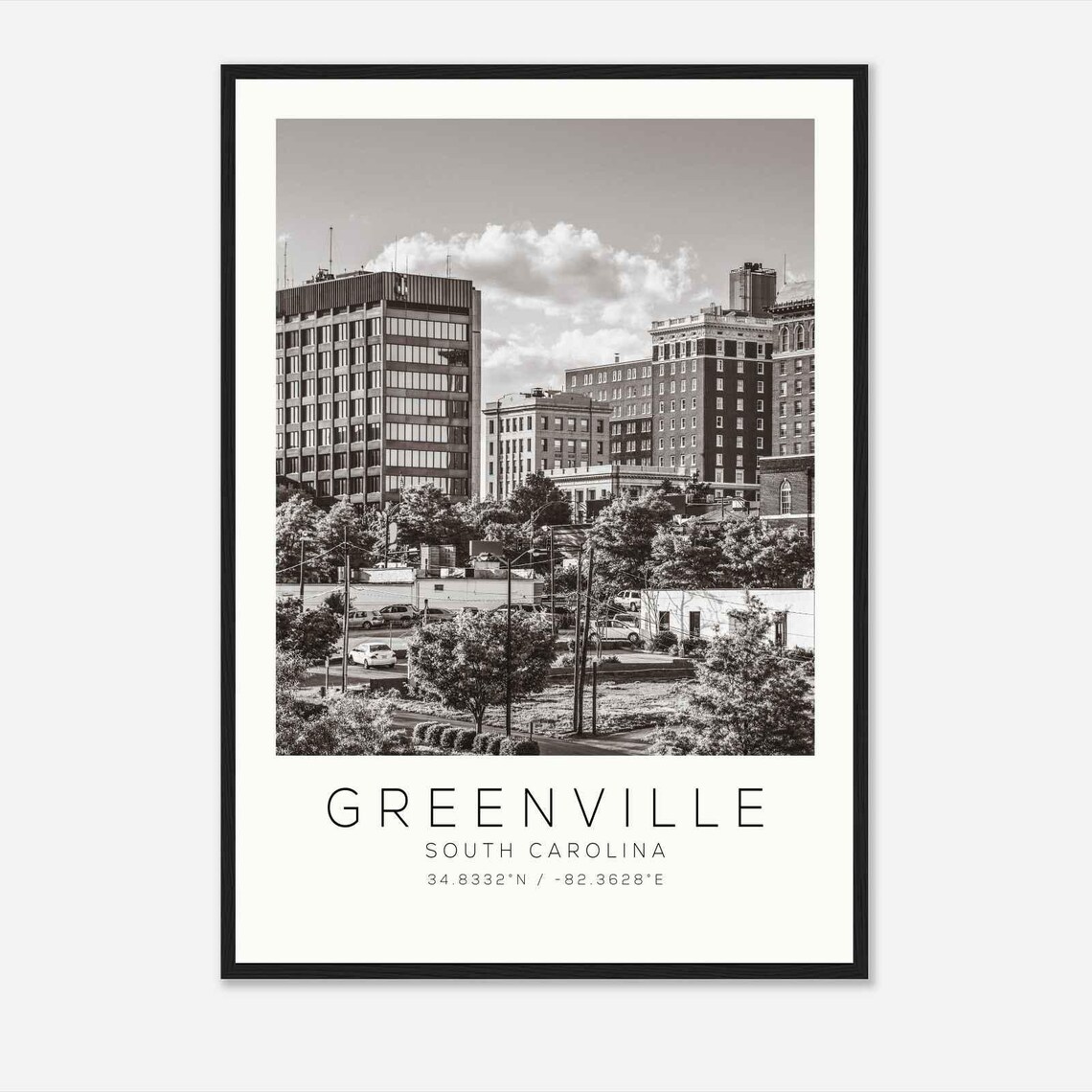 Greenville South Carolina Downtown Skyline Black White Photo Poster