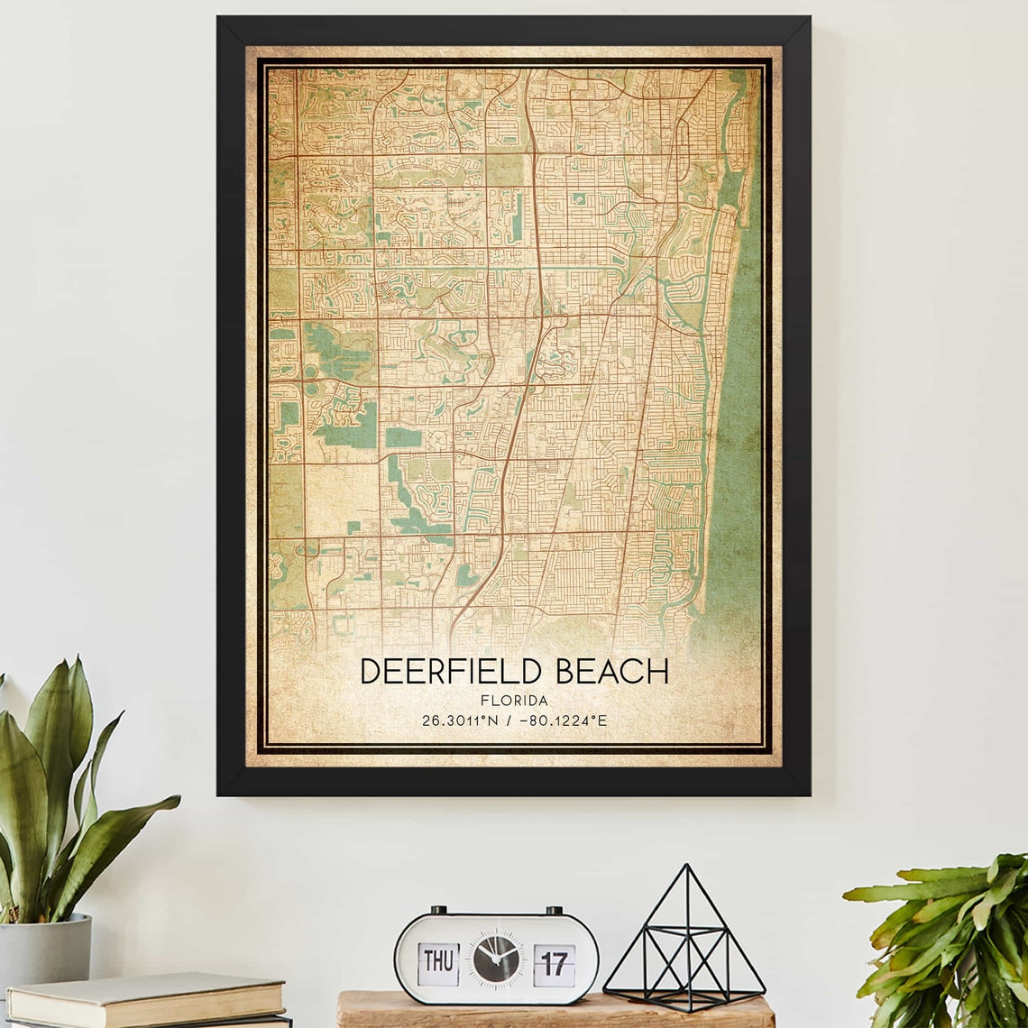 Vintage Deerfield Beach Florida Coastal Map Coordinate Art Poster