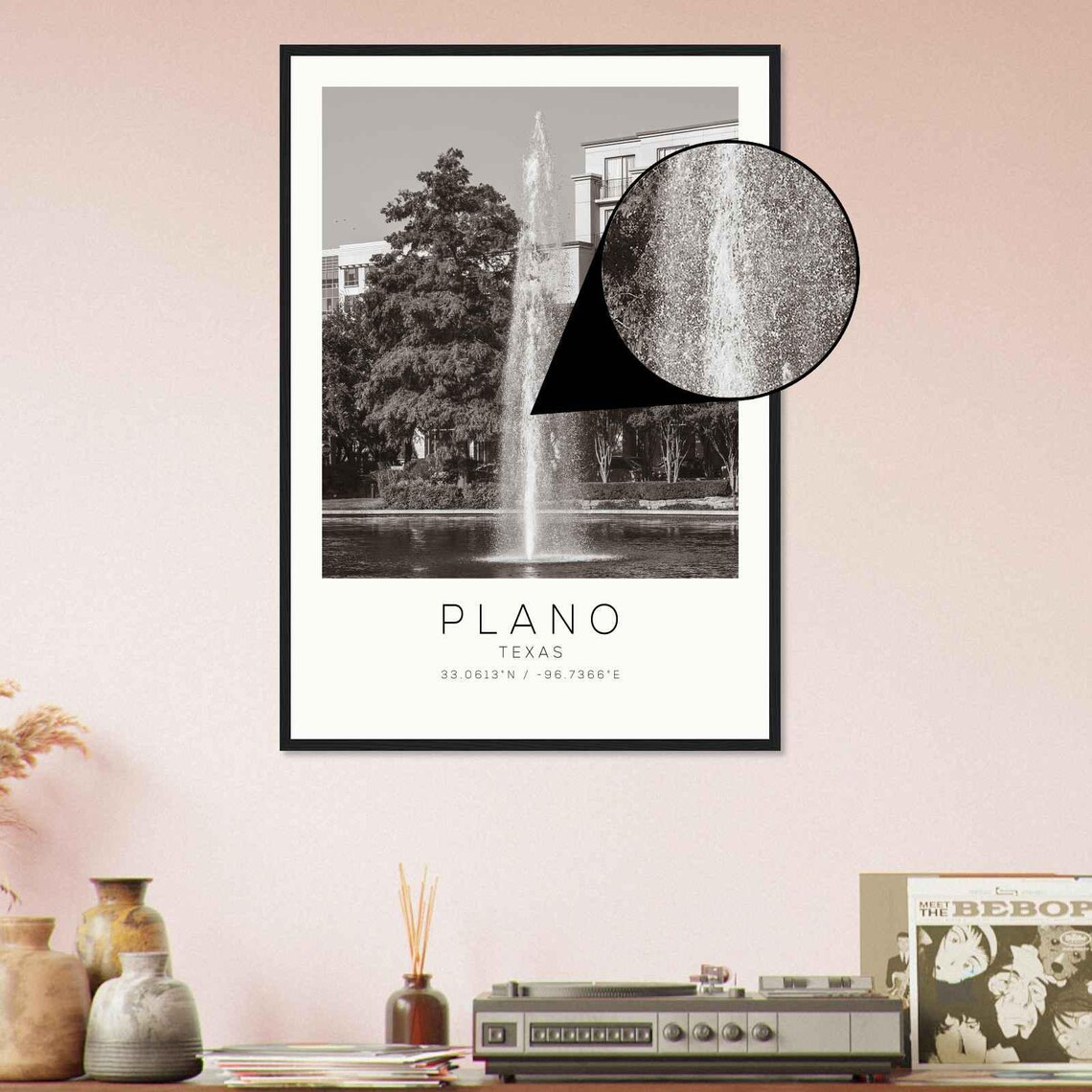 Plano Texas Tall City Fountain in a Pond Black and White Photo Poster - Image 4