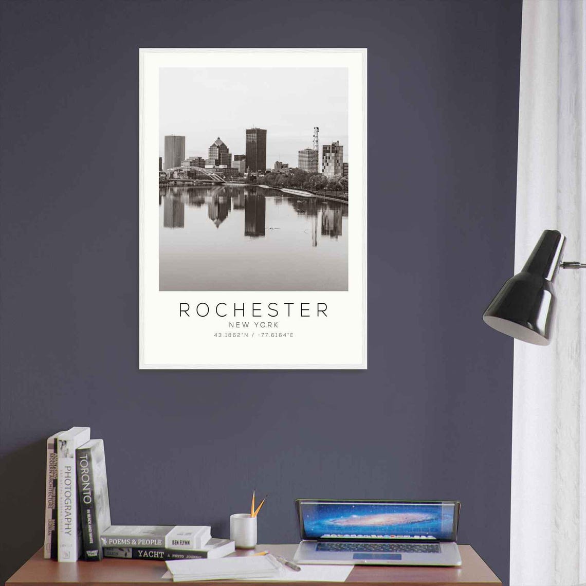 Rochester New York River Skyline Reflection Black and White Poster - Image 3